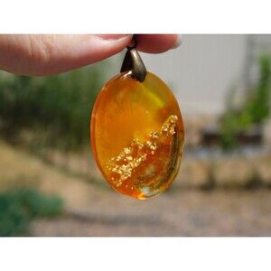 Handmade Orange Sunset Gold Leaf Oval Resin Cast Pendant Necklace